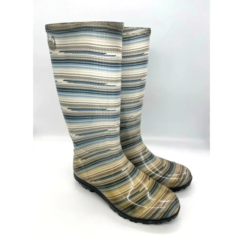UGG Shaye Striped Rubber Rainboots Women's Size 7 Blue / Gray / White